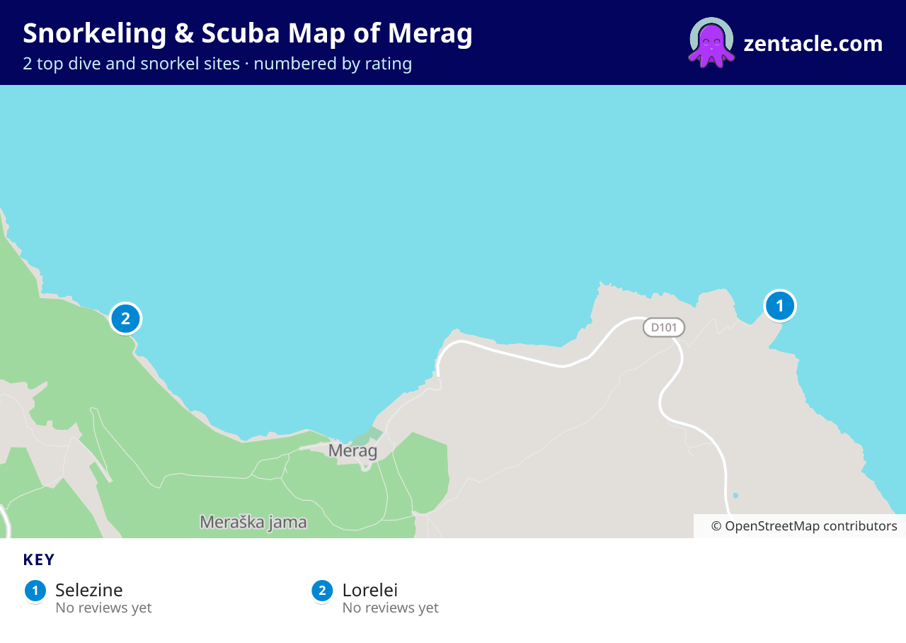 Snorkeling & Scuba Map of Merag: numbered map of the top 2 dive and snorkel sites, with ratings