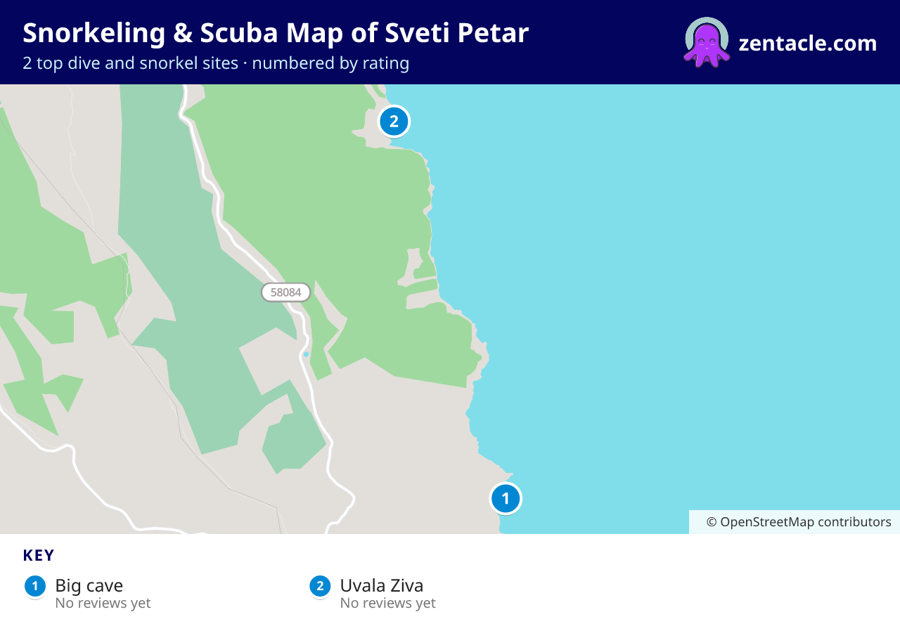 Snorkeling & Scuba Map of Sveti Petar: numbered map of the top 2 dive and snorkel sites, with ratings