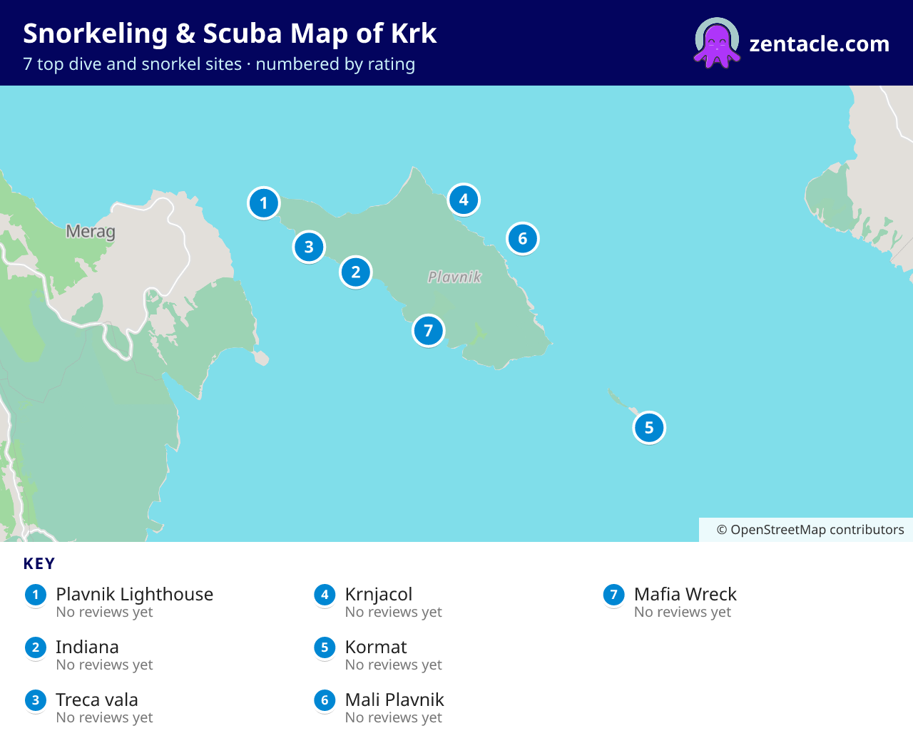 Snorkeling & Scuba Map of Krk: numbered map of the top 7 dive and snorkel sites, with ratings