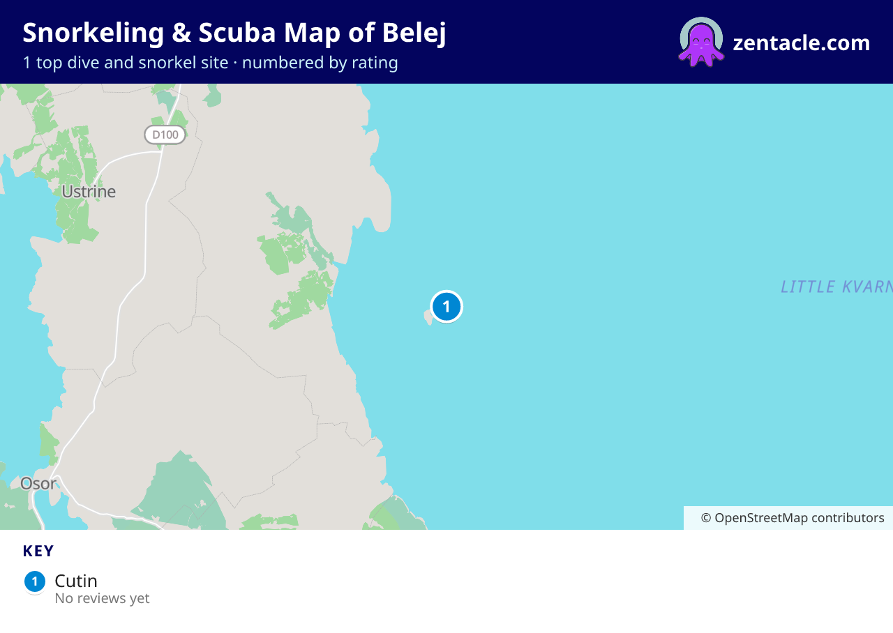 Snorkeling & Scuba Map of Belej: numbered map of the top 1 dive and snorkel sites, with ratings
