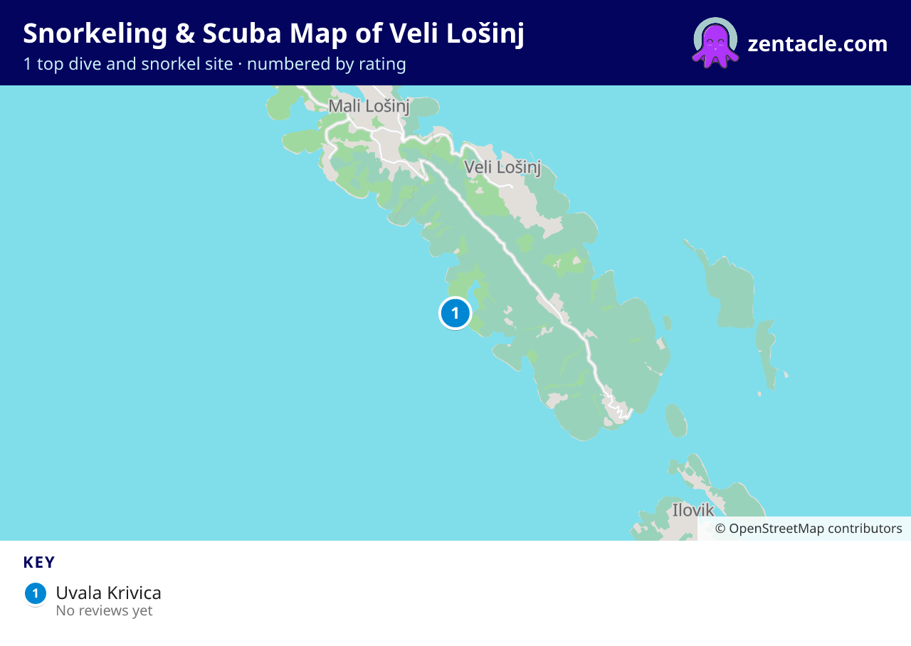 Snorkeling & Scuba Map of Veli Lošinj: numbered map of the top 1 dive and snorkel sites, with ratings