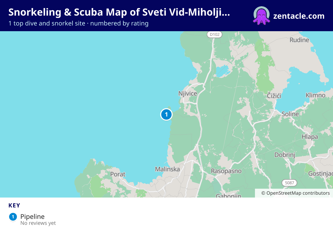 Snorkeling & Scuba Map of Sveti Vid-Miholjice: numbered map of the top 1 dive and snorkel sites, with ratings
