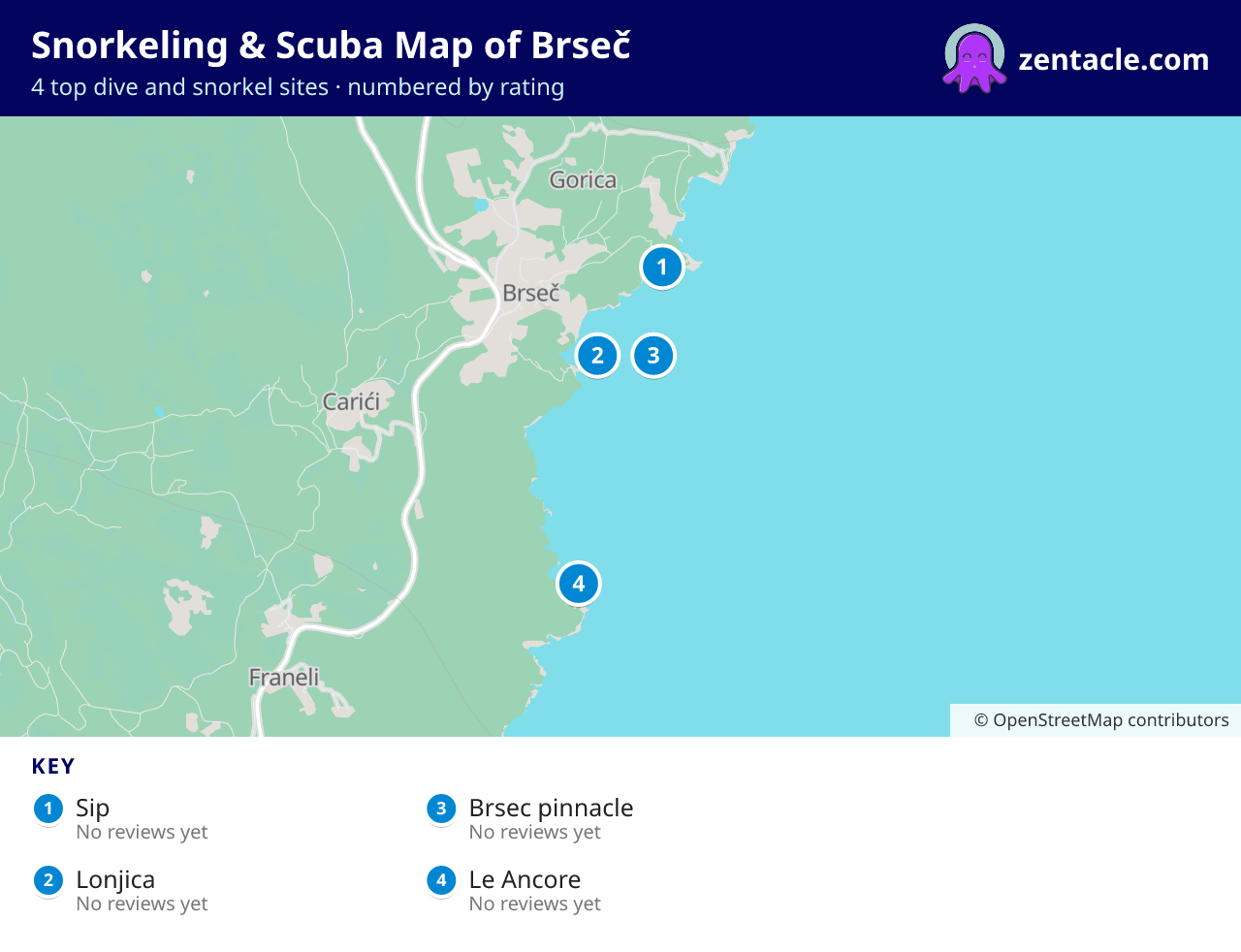 Snorkeling & Scuba Map of Brseč: numbered map of the top 4 dive and snorkel sites, with ratings