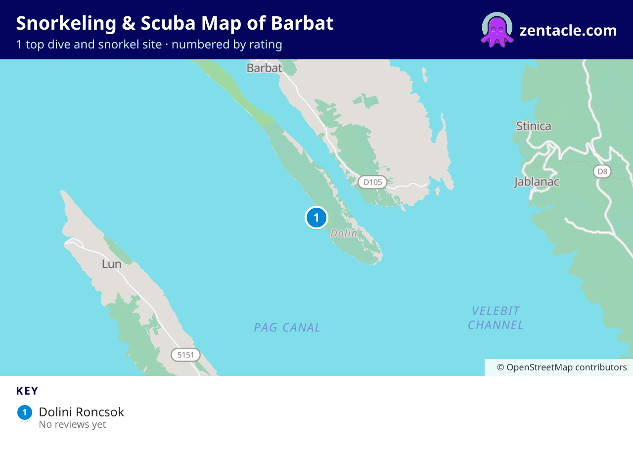 Snorkeling & Scuba Map of Barbat: numbered map of the top 1 dive and snorkel sites, with ratings