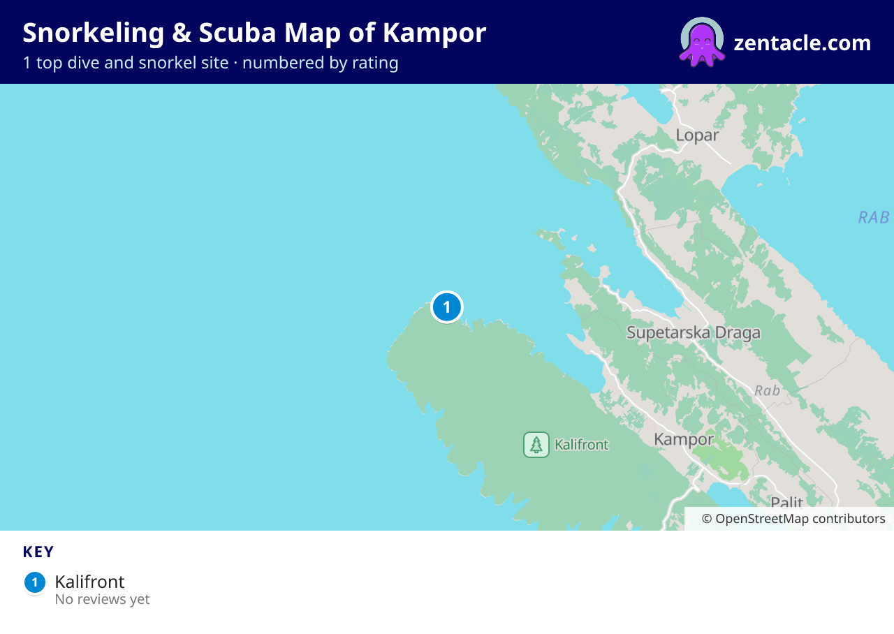 Snorkeling & Scuba Map of Kampor: numbered map of the top 1 dive and snorkel sites, with ratings