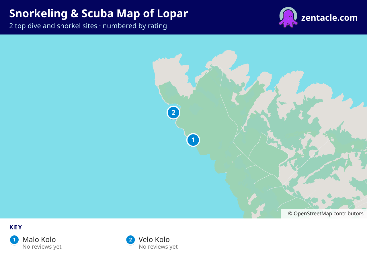 Snorkeling & Scuba Map of Lopar: numbered map of the top 2 dive and snorkel sites, with ratings