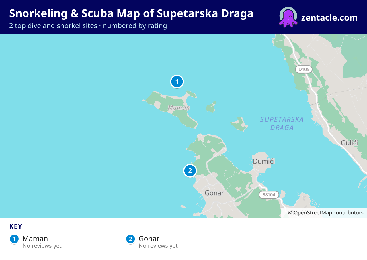 Snorkeling & Scuba Map of Supetarska Draga: numbered map of the top 2 dive and snorkel sites, with ratings