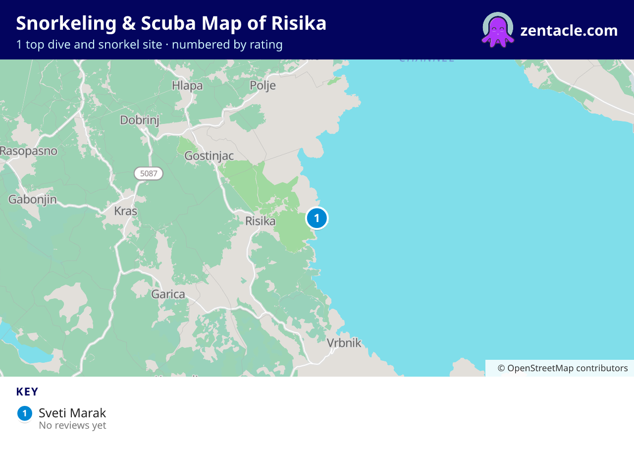 Snorkeling & Scuba Map of Risika: numbered map of the top 1 dive and snorkel sites, with ratings