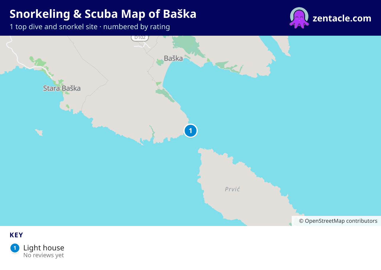 Snorkeling & Scuba Map of Baška: numbered map of the top 1 dive and snorkel sites, with ratings
