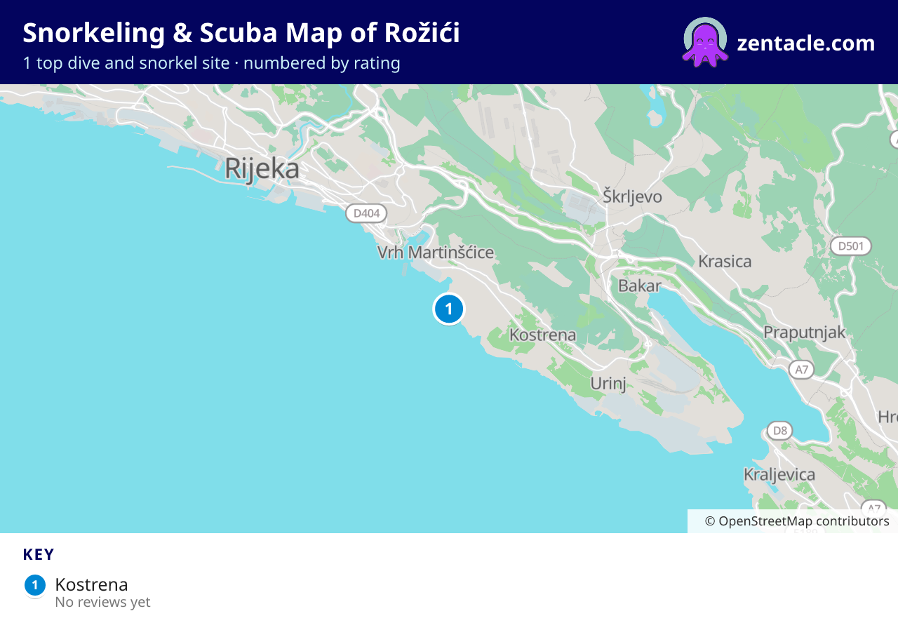 Snorkeling & Scuba Map of Rožići: numbered map of the top 1 dive and snorkel sites, with ratings