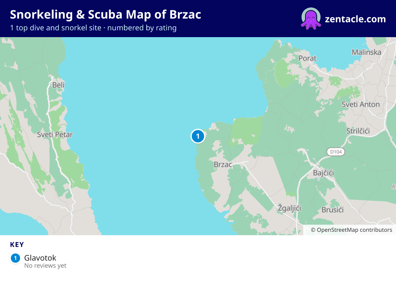 Snorkeling & Scuba Map of Brzac: numbered map of the top 1 dive and snorkel sites, with ratings