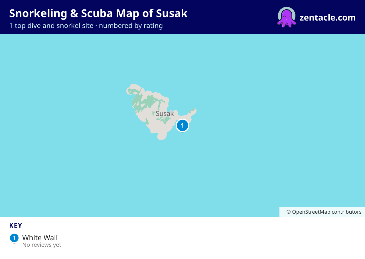 Snorkeling & Scuba Map of Susak: numbered map of the top 1 dive and snorkel sites, with ratings