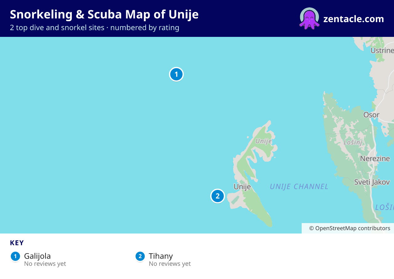 Snorkeling & Scuba Map of Unije: numbered map of the top 2 dive and snorkel sites, with ratings