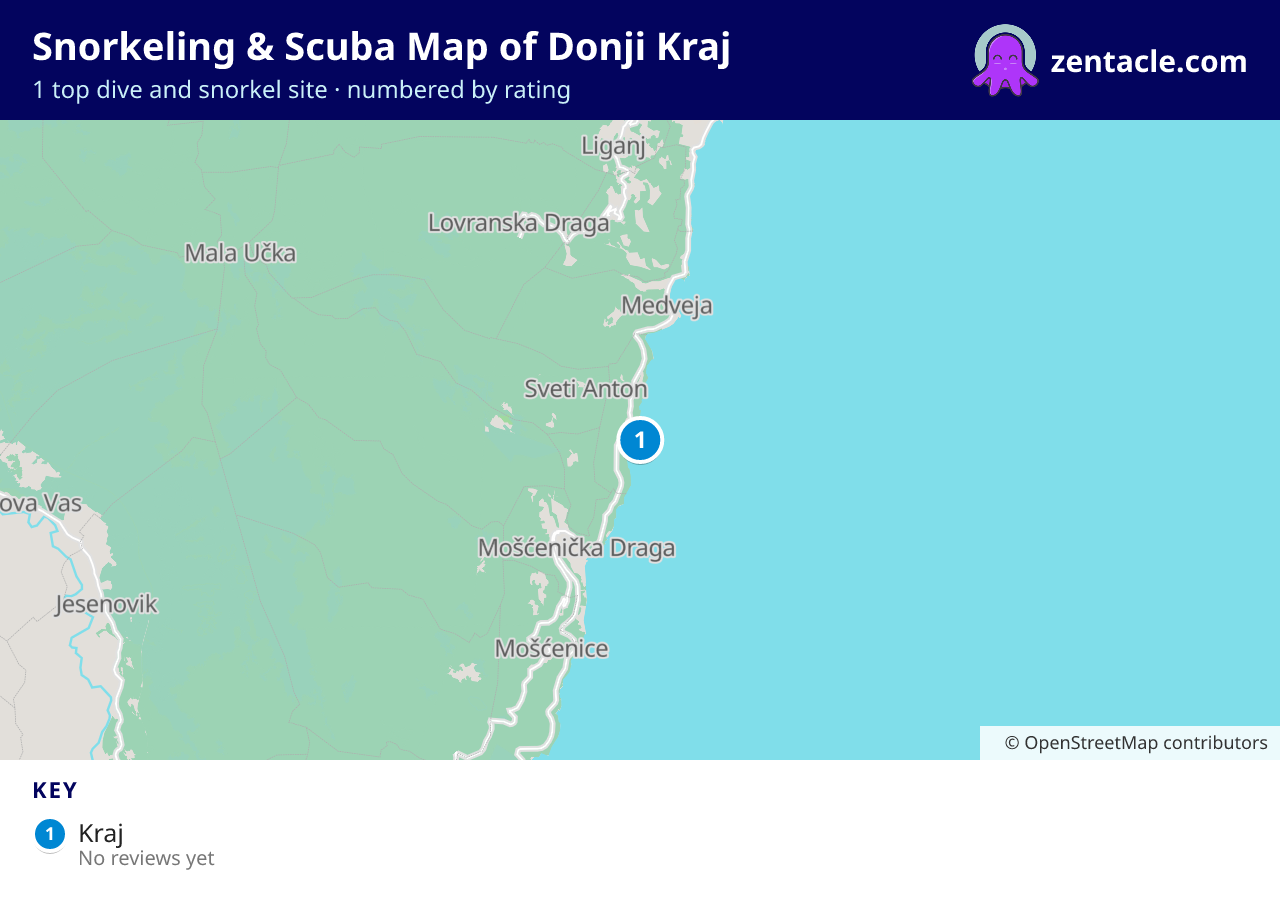 Snorkeling & Scuba Map of Donji Kraj: numbered map of the top 1 dive and snorkel sites, with ratings