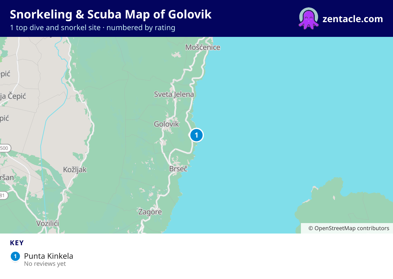 Snorkeling & Scuba Map of Golovik: numbered map of the top 1 dive and snorkel sites, with ratings