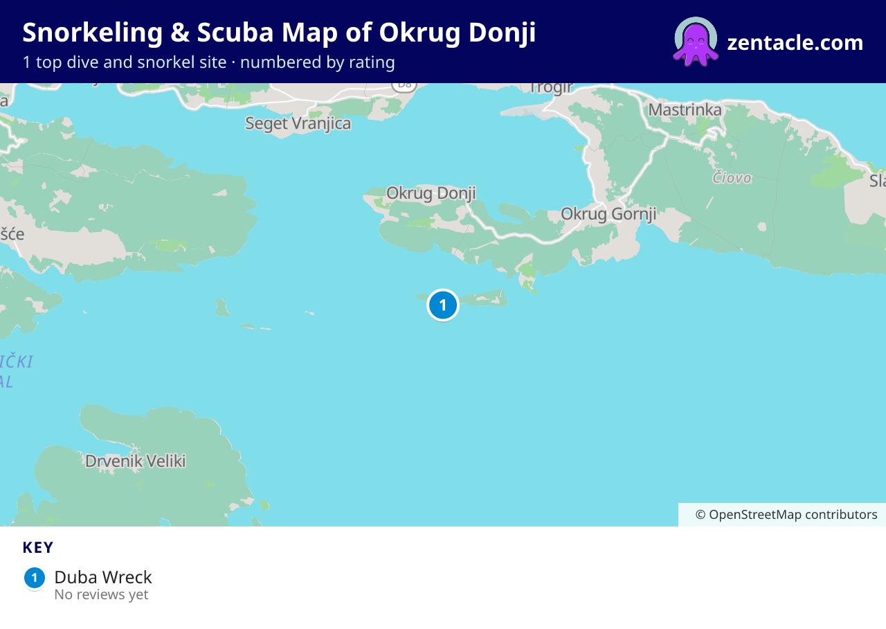 Snorkeling & Scuba Map of Okrug Donji: numbered map of the top 1 dive and snorkel sites, with ratings