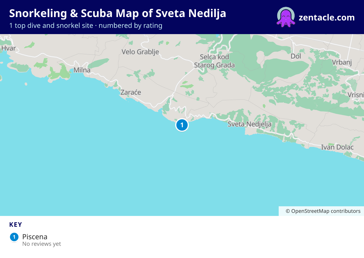 Snorkeling & Scuba Map of Sveta Nedilja: numbered map of the top 1 dive and snorkel sites, with ratings