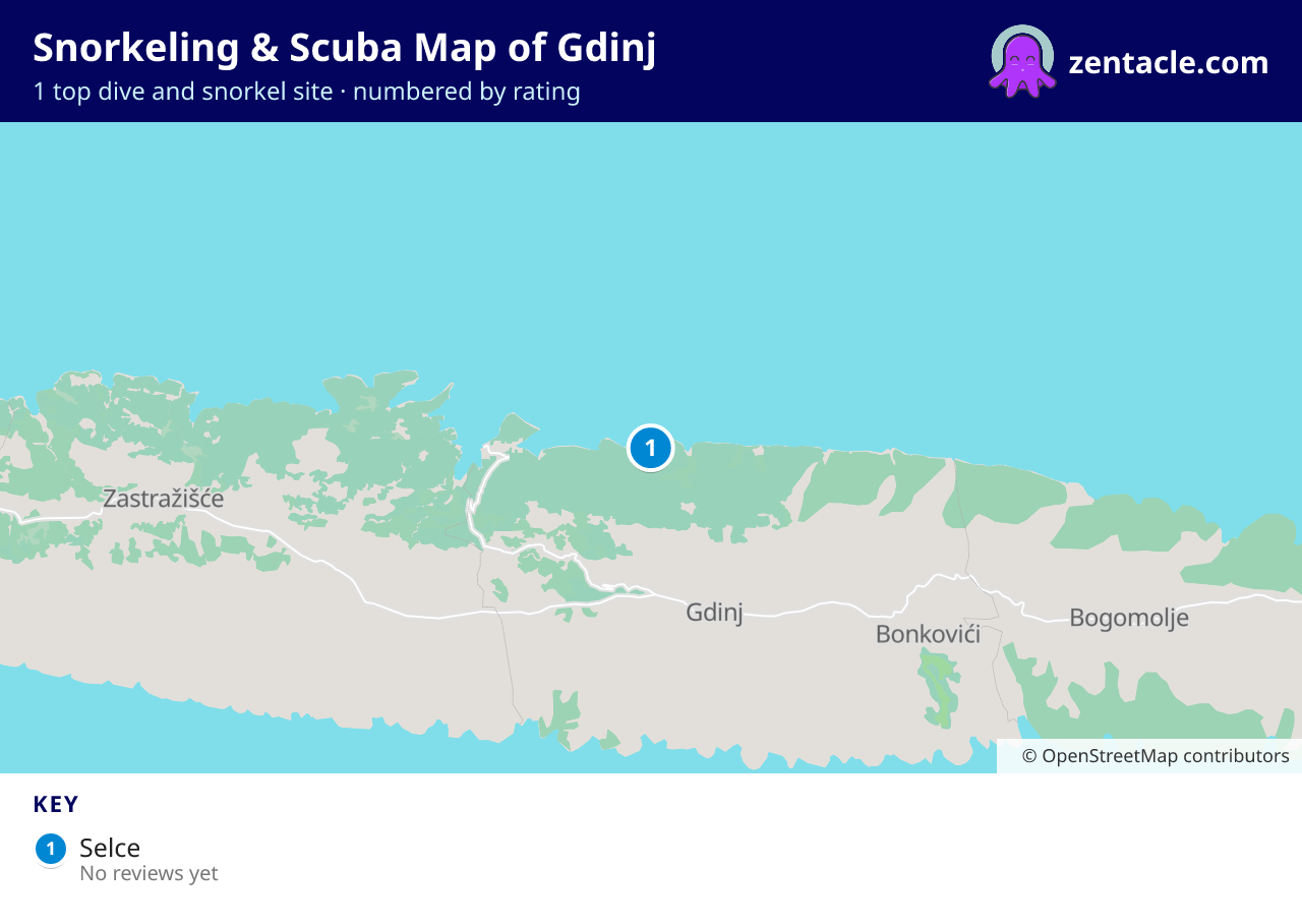 Snorkeling & Scuba Map of Gdinj: numbered map of the top 1 dive and snorkel sites, with ratings