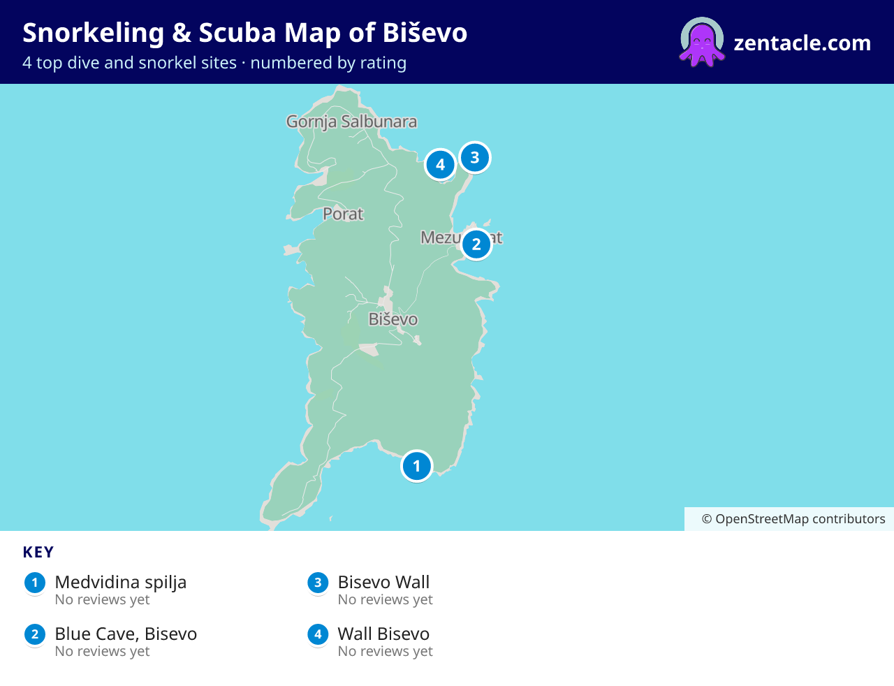 Snorkeling & Scuba Map of Biševo: numbered map of the top 4 dive and snorkel sites, with ratings