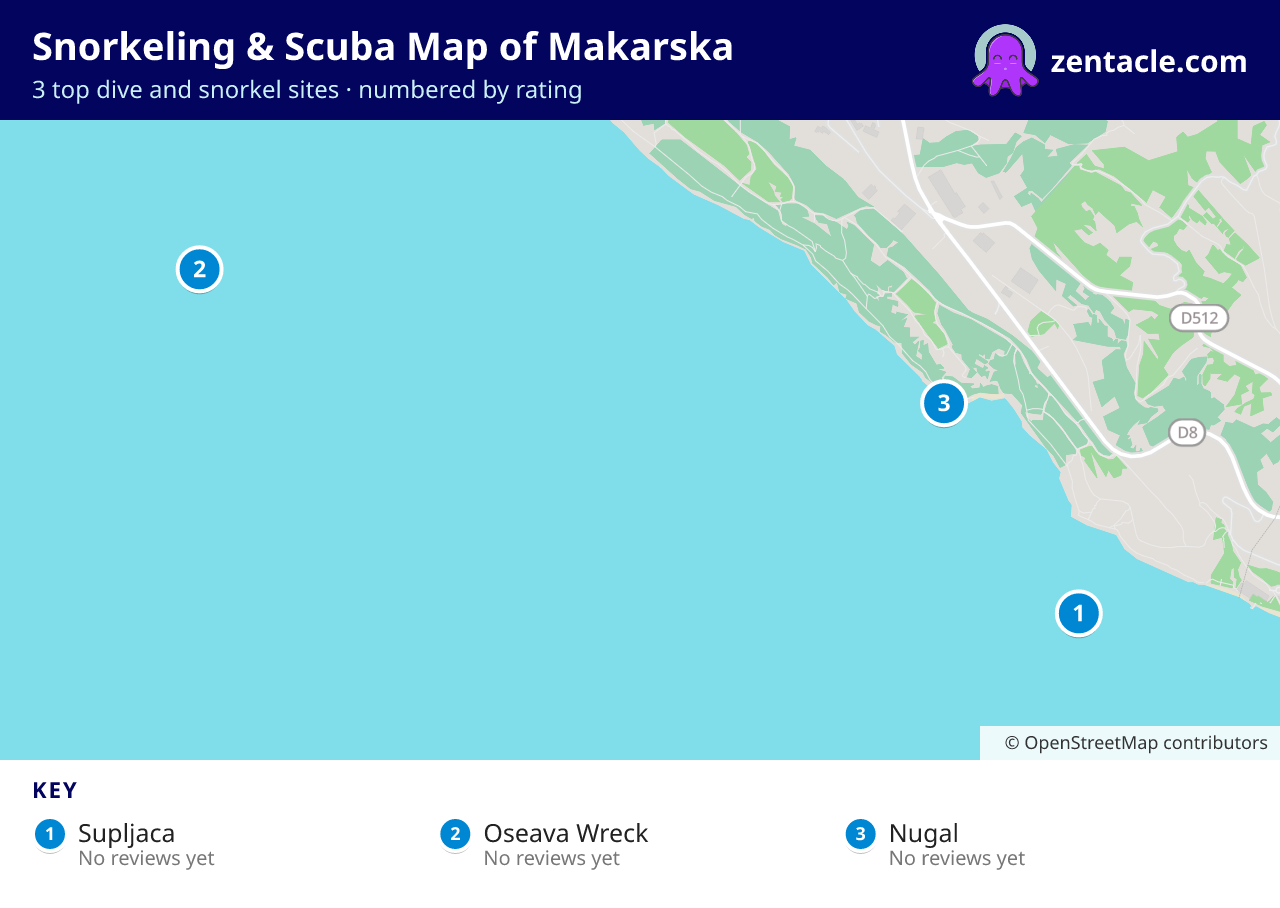Snorkeling & Scuba Map of Makarska: numbered map of the top 3 dive and snorkel sites, with ratings