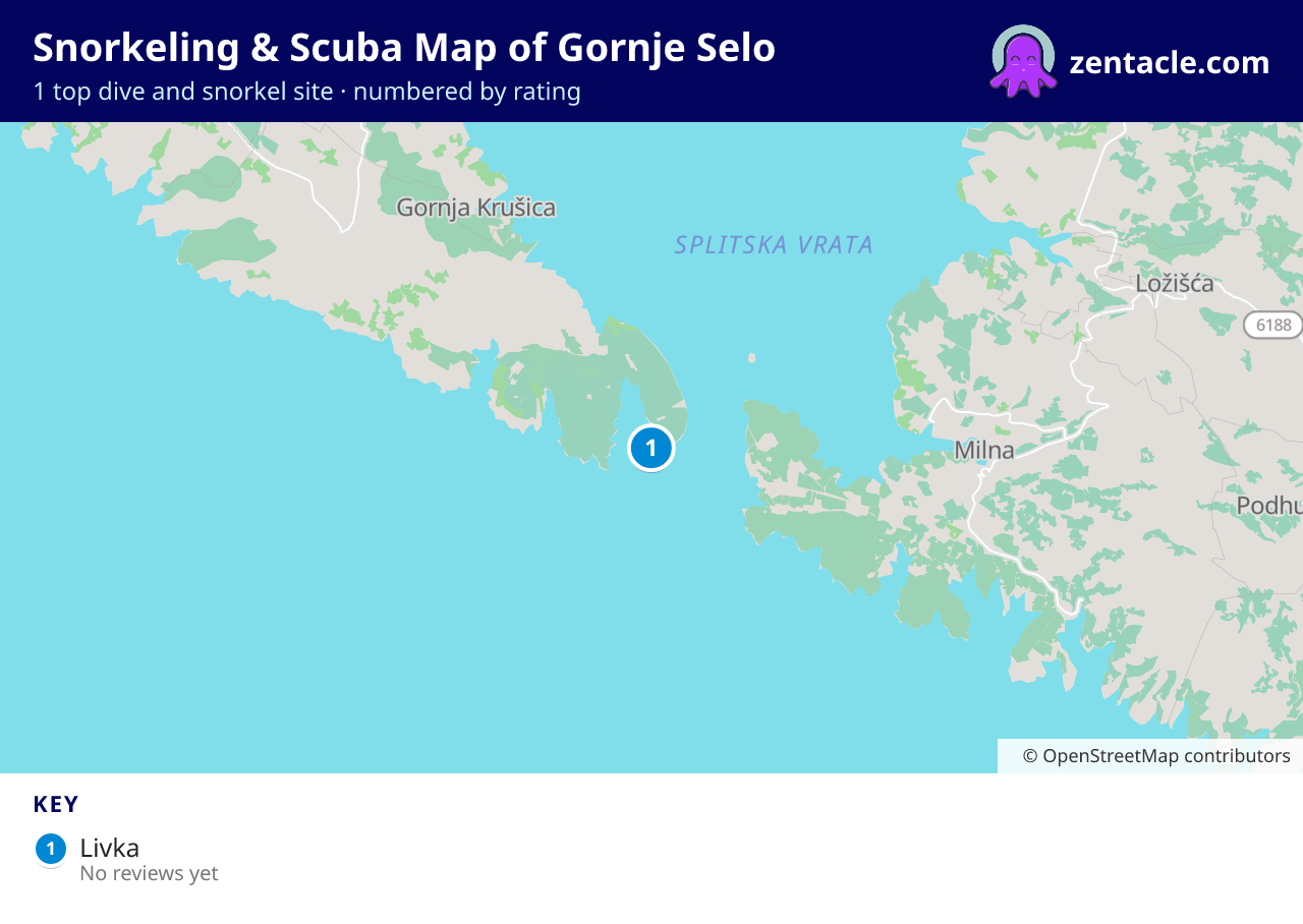 Snorkeling & Scuba Map of Gornje Selo: numbered map of the top 1 dive and snorkel sites, with ratings
