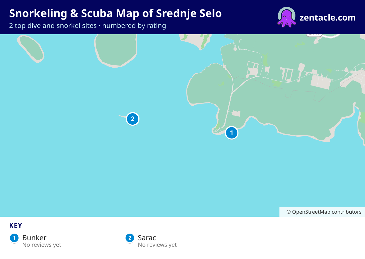 Snorkeling & Scuba Map of Srednje Selo: numbered map of the top 2 dive and snorkel sites, with ratings