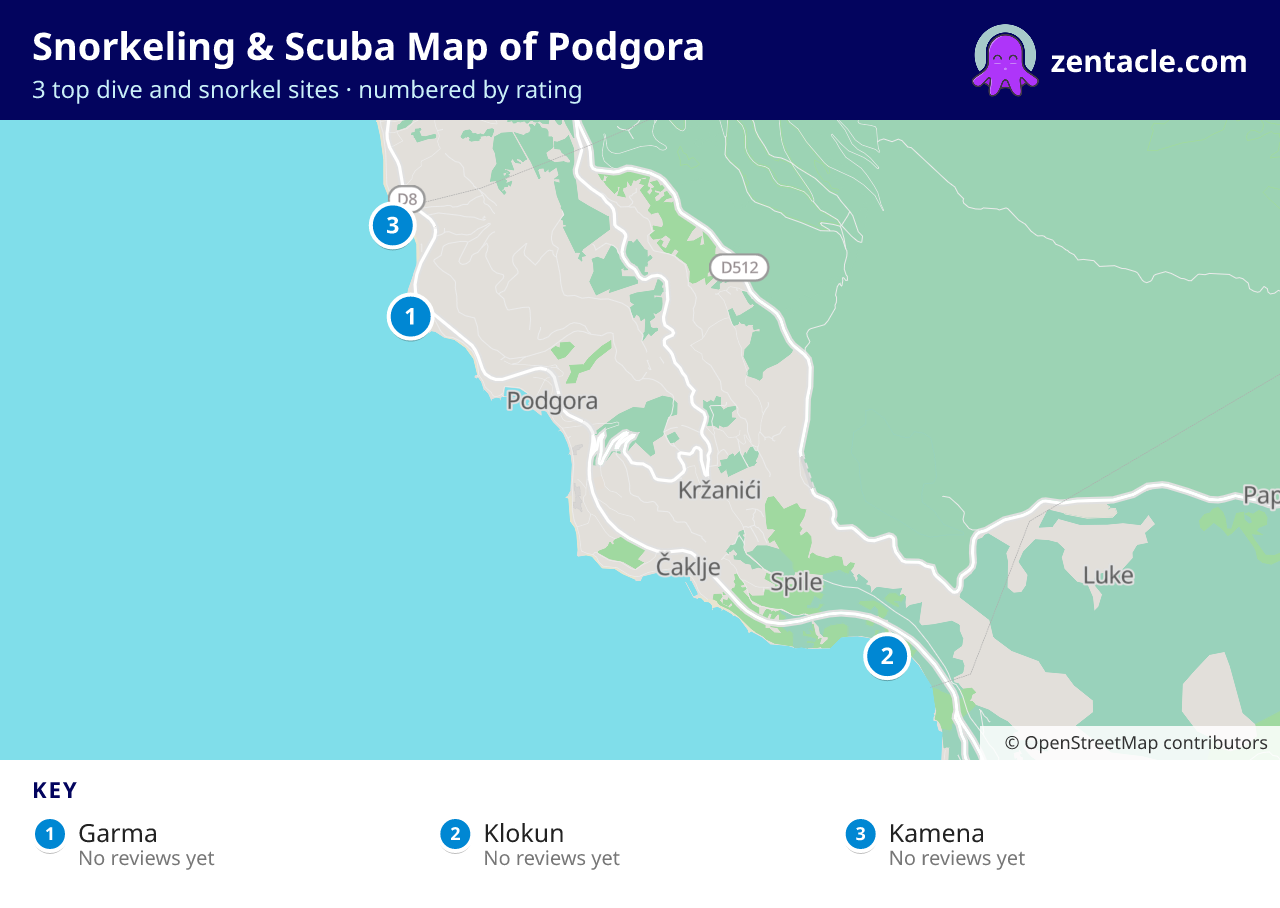 Snorkeling & Scuba Map of Podgora: numbered map of the top 3 dive and snorkel sites, with ratings