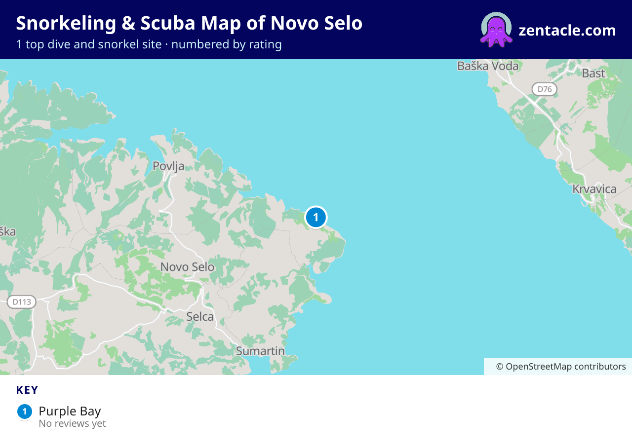 Snorkeling & Scuba Map of Novo Selo: numbered map of the top 1 dive and snorkel sites, with ratings