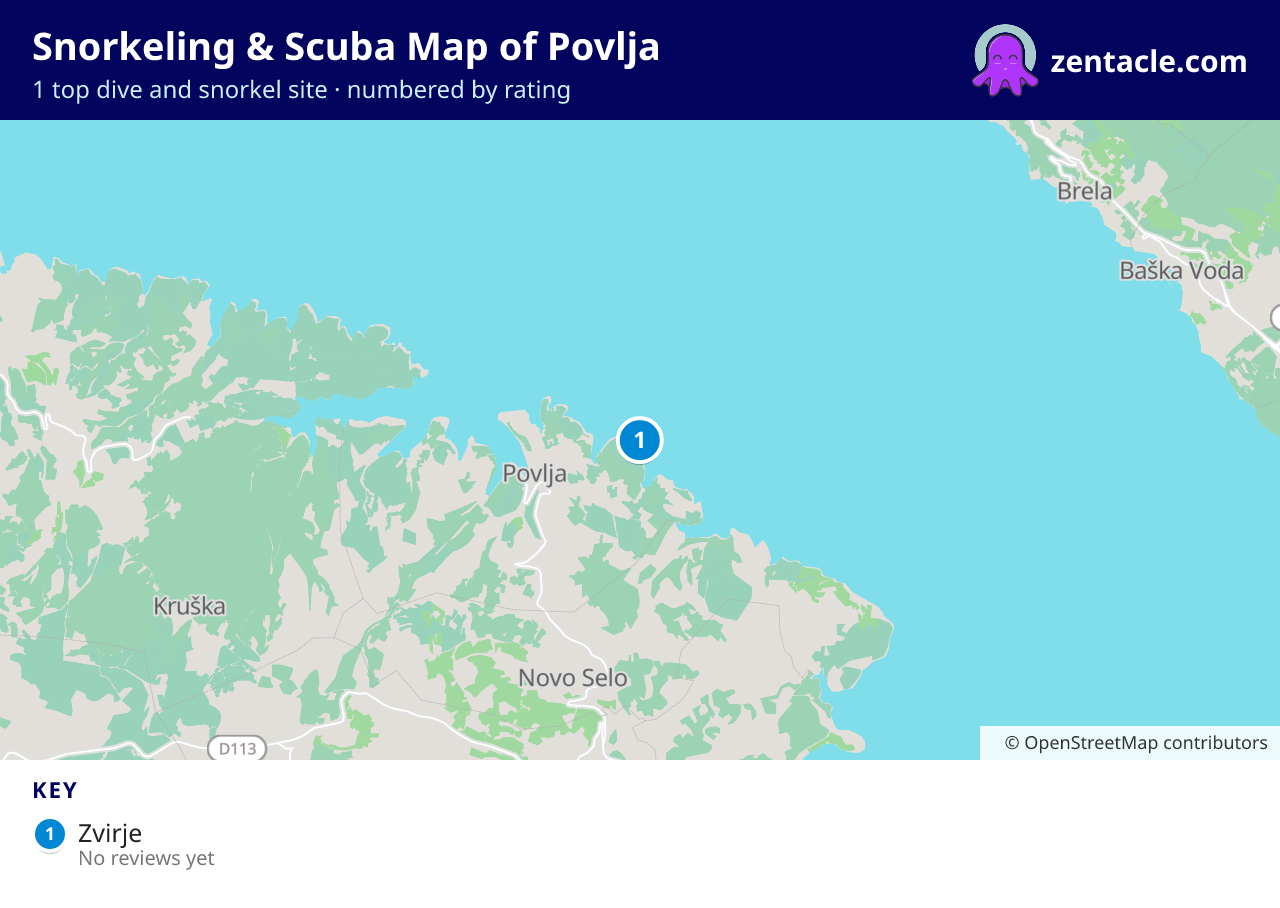 Snorkeling & Scuba Map of Povlja: numbered map of the top 1 dive and snorkel sites, with ratings