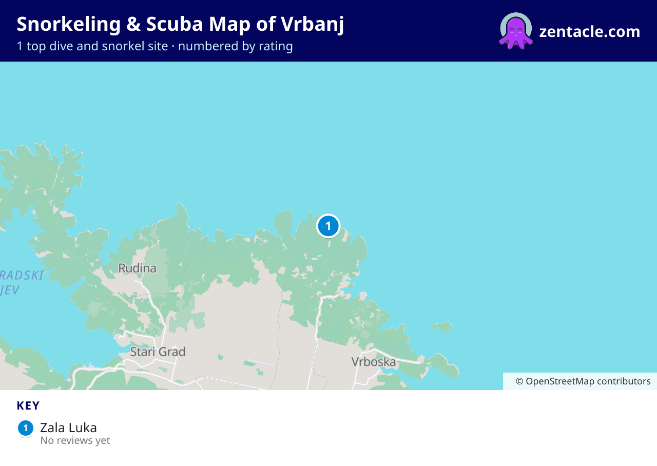 Snorkeling & Scuba Map of Vrbanj: numbered map of the top 1 dive and snorkel sites, with ratings