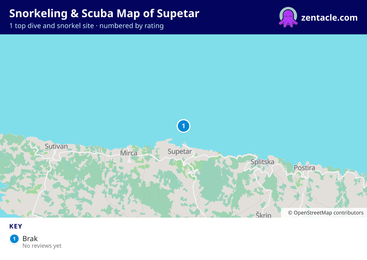 Snorkeling & Scuba Map of Supetar: numbered map of the top 1 dive and snorkel sites, with ratings