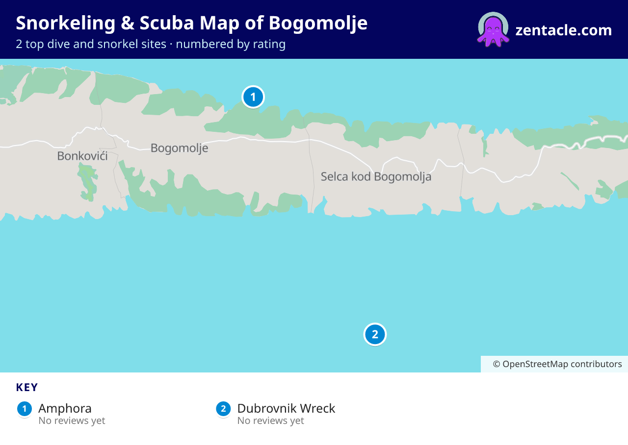 Snorkeling & Scuba Map of Bogomolje: numbered map of the top 2 dive and snorkel sites, with ratings