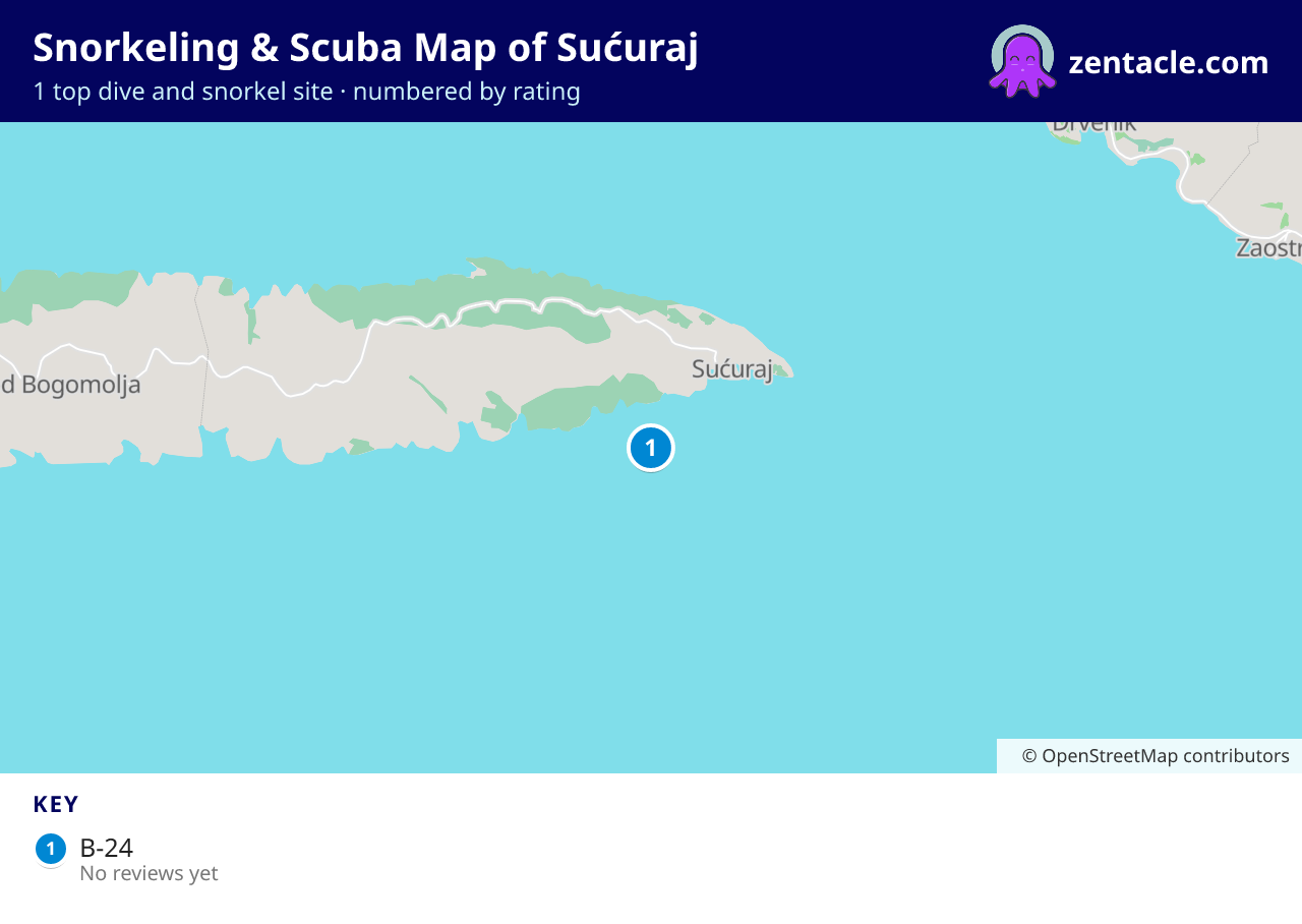 Snorkeling & Scuba Map of Sućuraj: numbered map of the top 1 dive and snorkel sites, with ratings
