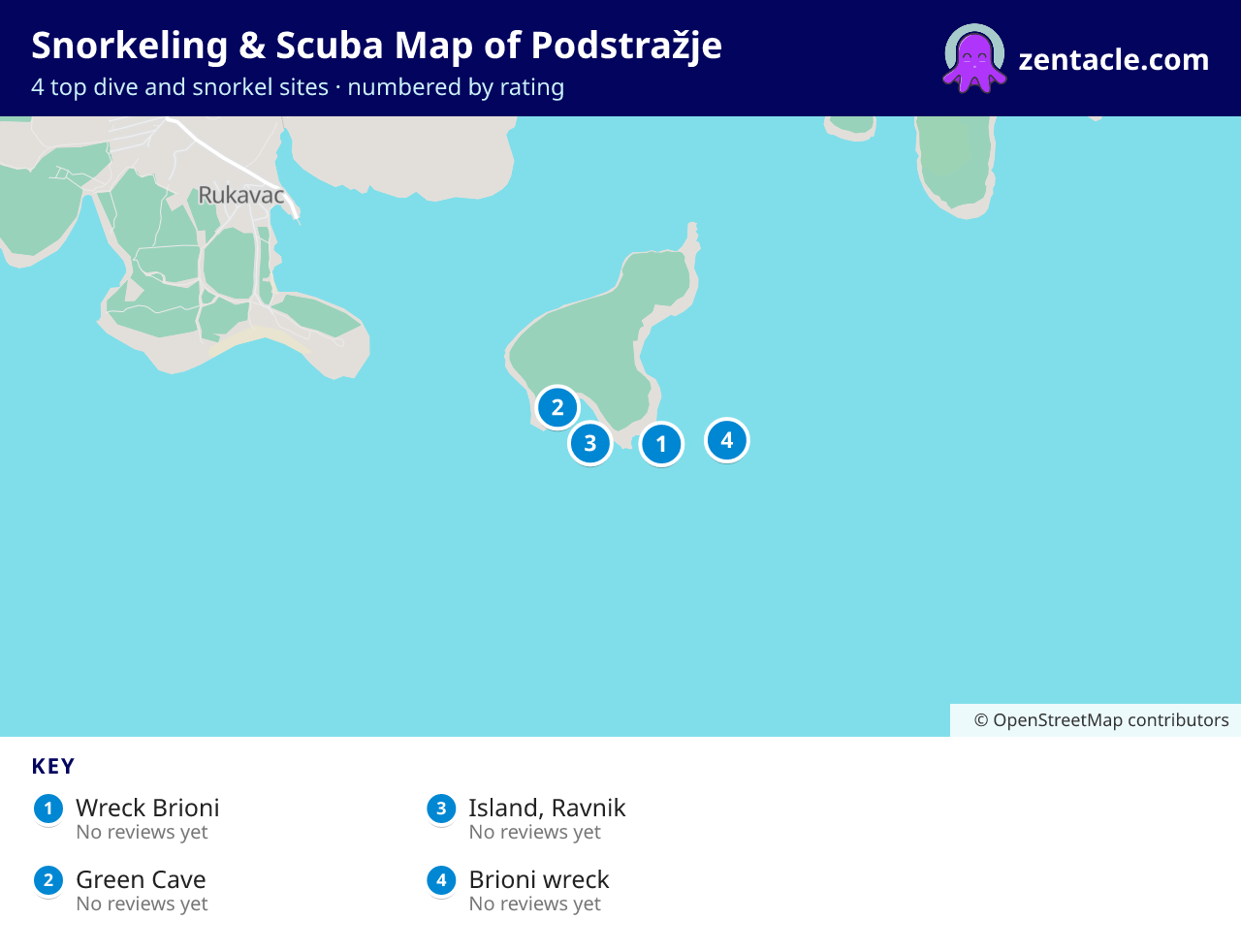 Snorkeling & Scuba Map of Podstražje: numbered map of the top 4 dive and snorkel sites, with ratings