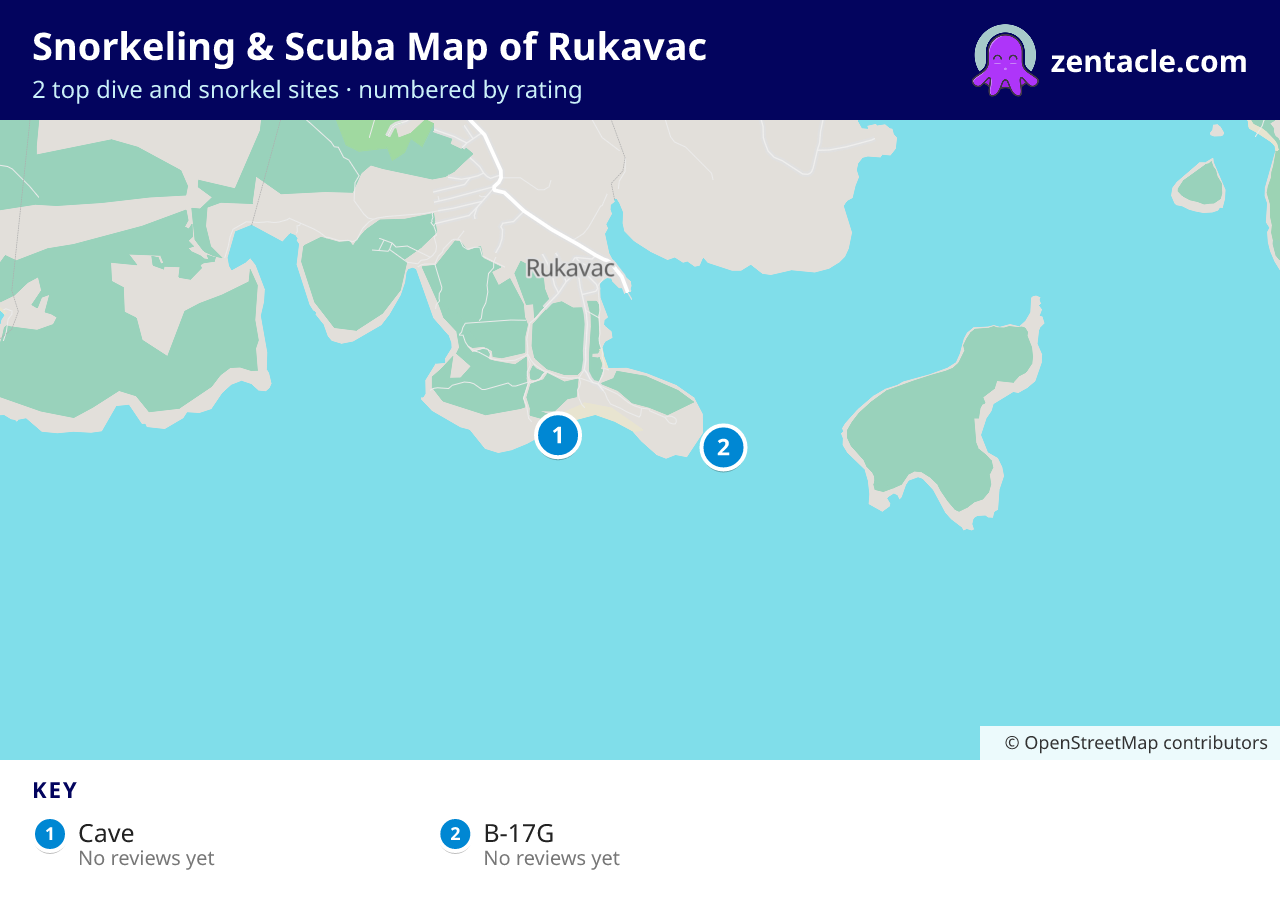 Snorkeling & Scuba Map of Rukavac: numbered map of the top 2 dive and snorkel sites, with ratings