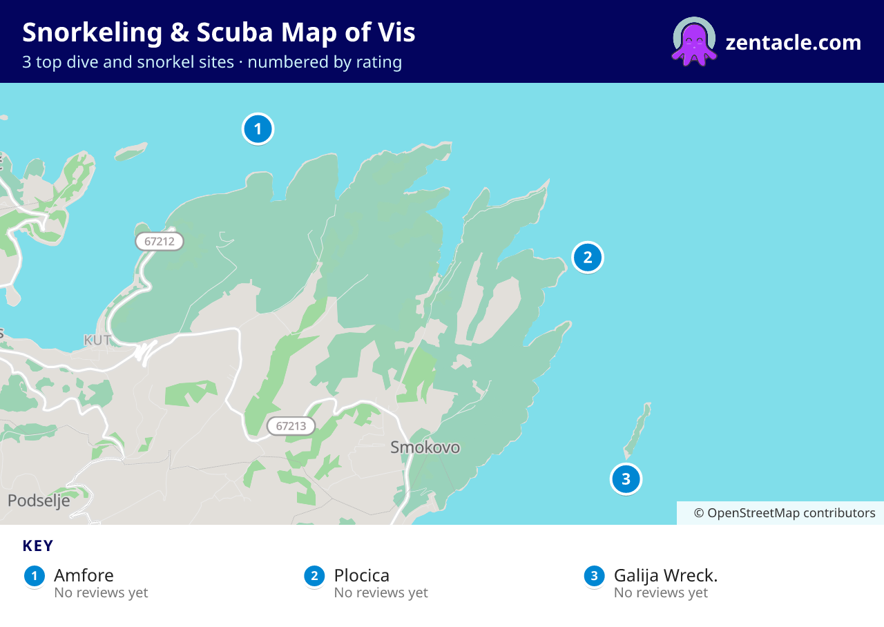 Snorkeling & Scuba Map of Vis: numbered map of the top 3 dive and snorkel sites, with ratings