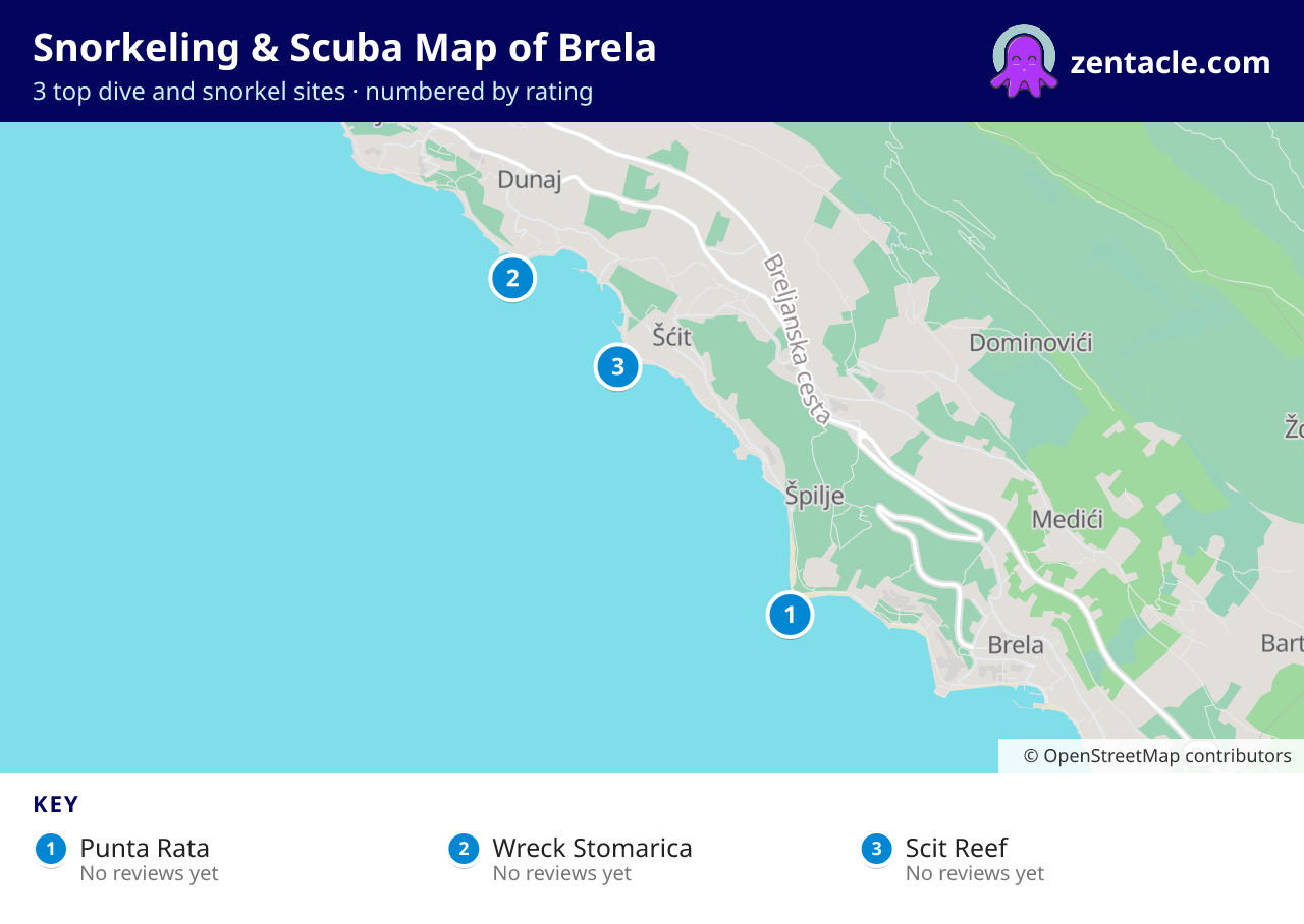 Snorkeling & Scuba Map of Brela: numbered map of the top 3 dive and snorkel sites, with ratings