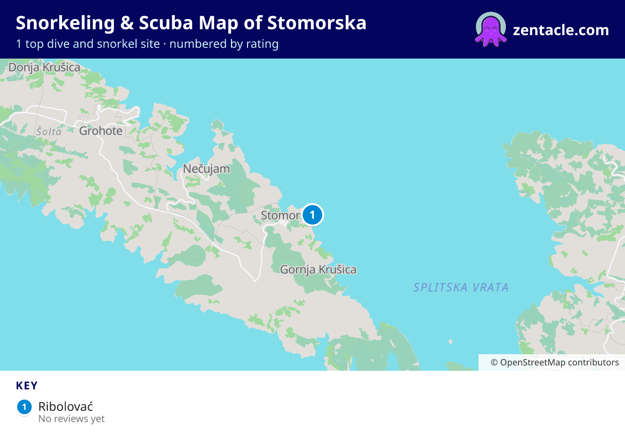 Snorkeling & Scuba Map of Stomorska: numbered map of the top 1 dive and snorkel sites, with ratings