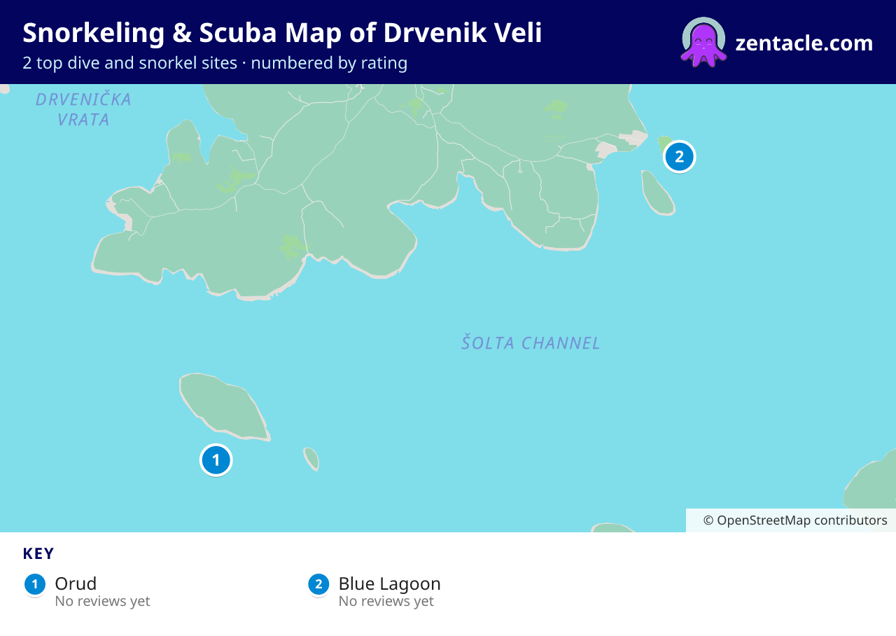 Snorkeling & Scuba Map of Drvenik Veli: numbered map of the top 2 dive and snorkel sites, with ratings