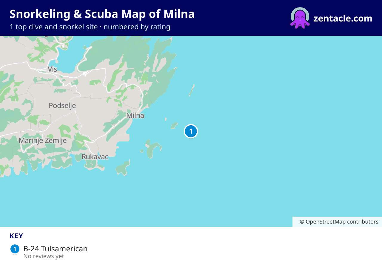 Snorkeling & Scuba Map of Milna: numbered map of the top 1 dive and snorkel sites, with ratings
