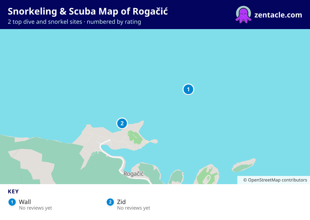 Snorkeling & Scuba Map of Rogačić: numbered map of the top 2 dive and snorkel sites, with ratings