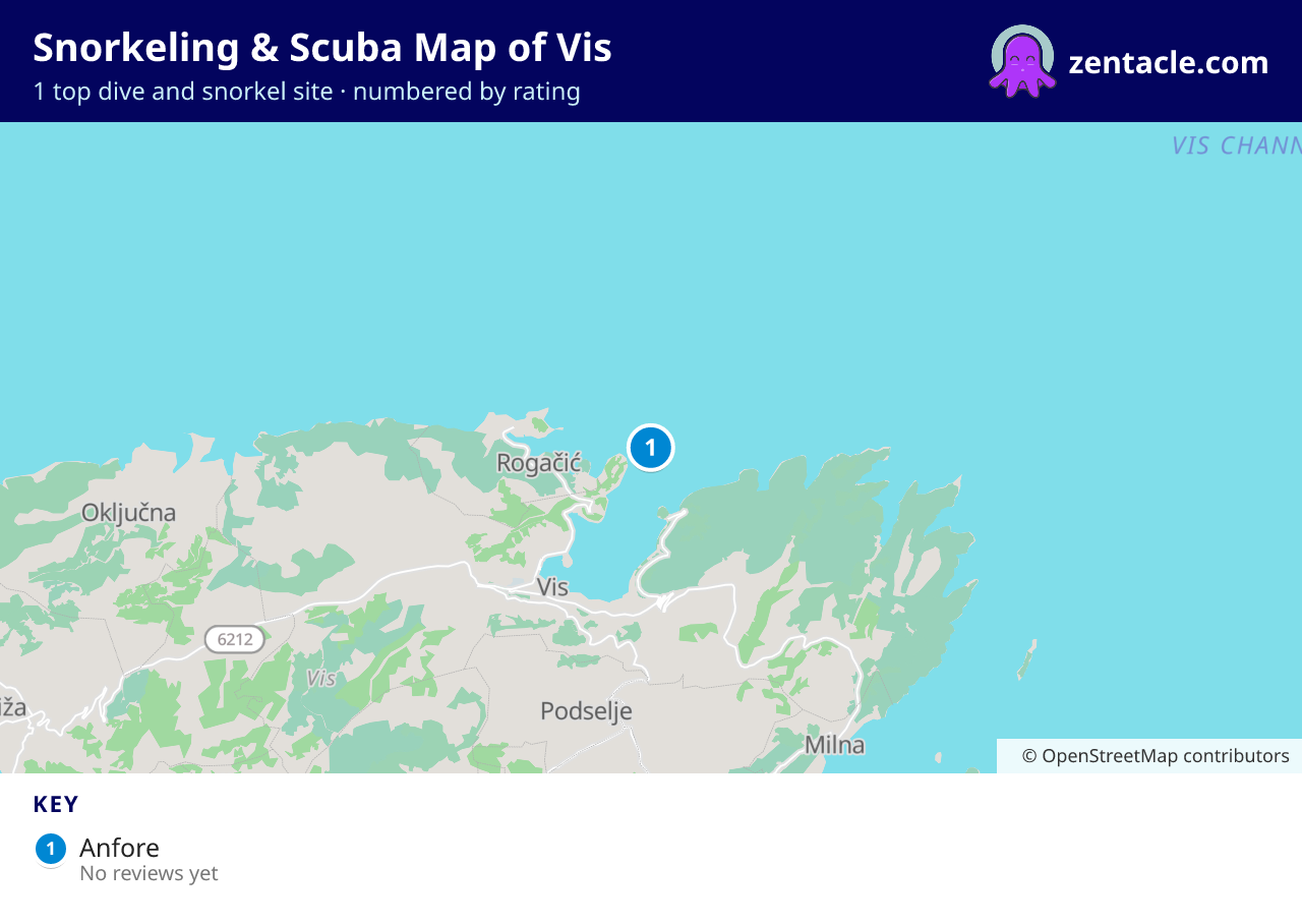 Snorkeling & Scuba Map of Vis: numbered map of the top 1 dive and snorkel sites, with ratings