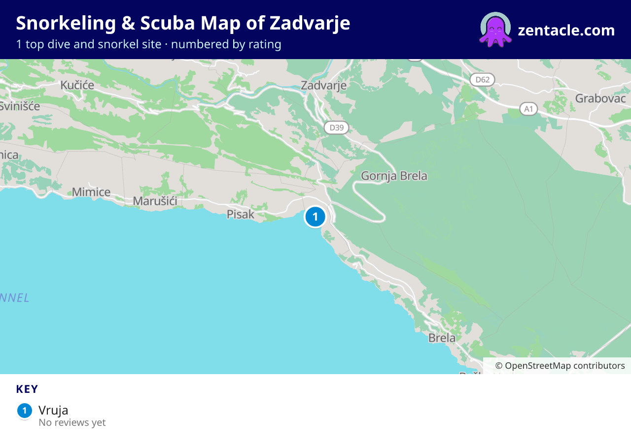 Snorkeling & Scuba Map of Zadvarje: numbered map of the top 1 dive and snorkel sites, with ratings
