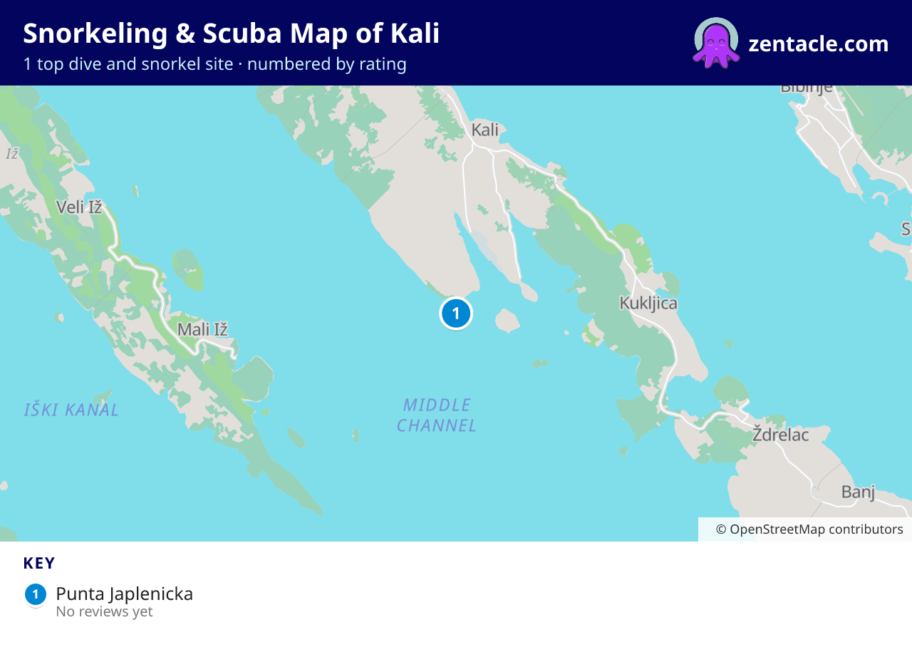Snorkeling & Scuba Map of Kali: numbered map of the top 1 dive and snorkel sites, with ratings
