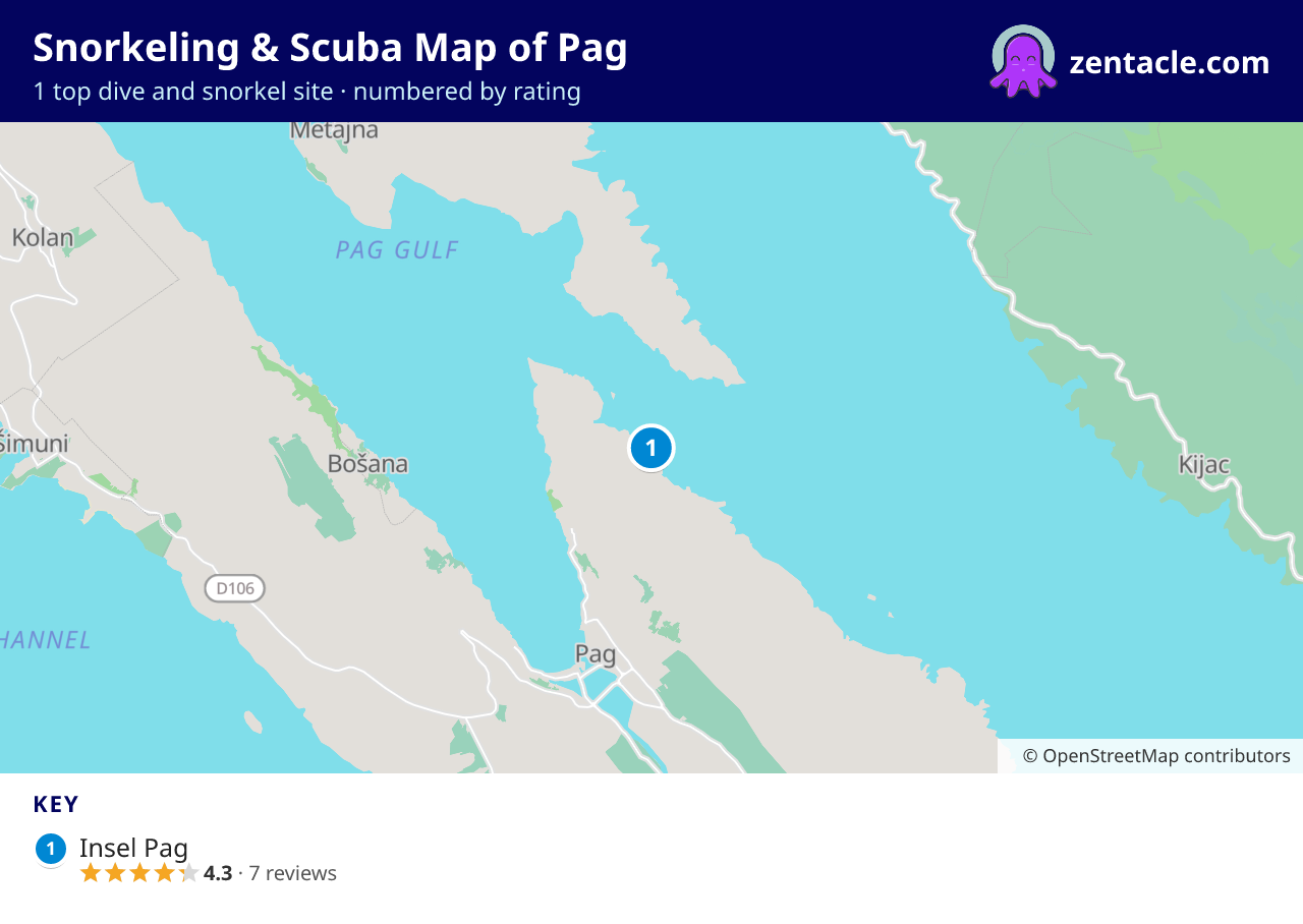 Snorkeling & Scuba Map of Pag: numbered map of the top 1 dive and snorkel sites, with ratings