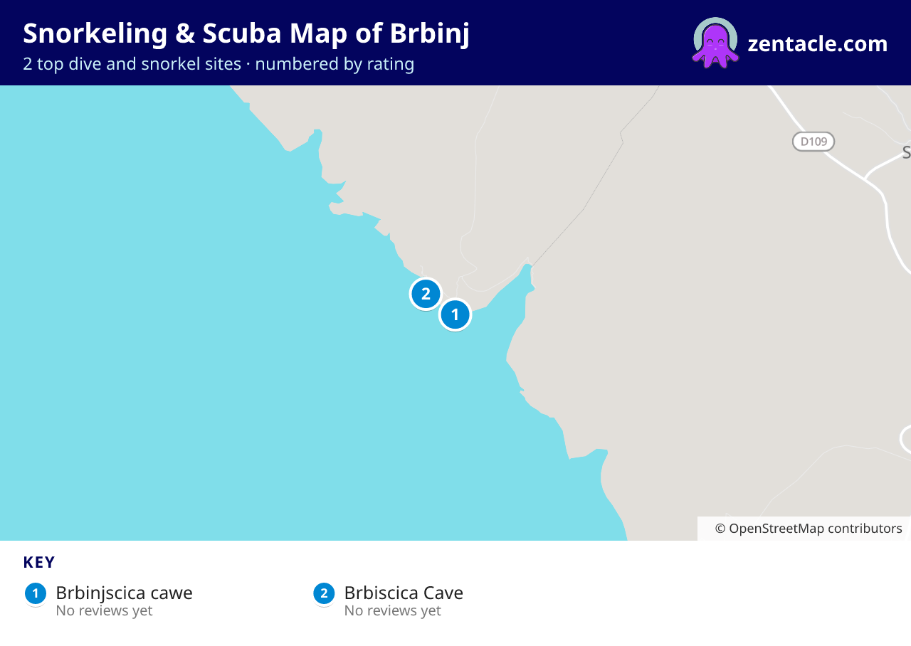 Snorkeling & Scuba Map of Brbinj: numbered map of the top 2 dive and snorkel sites, with ratings