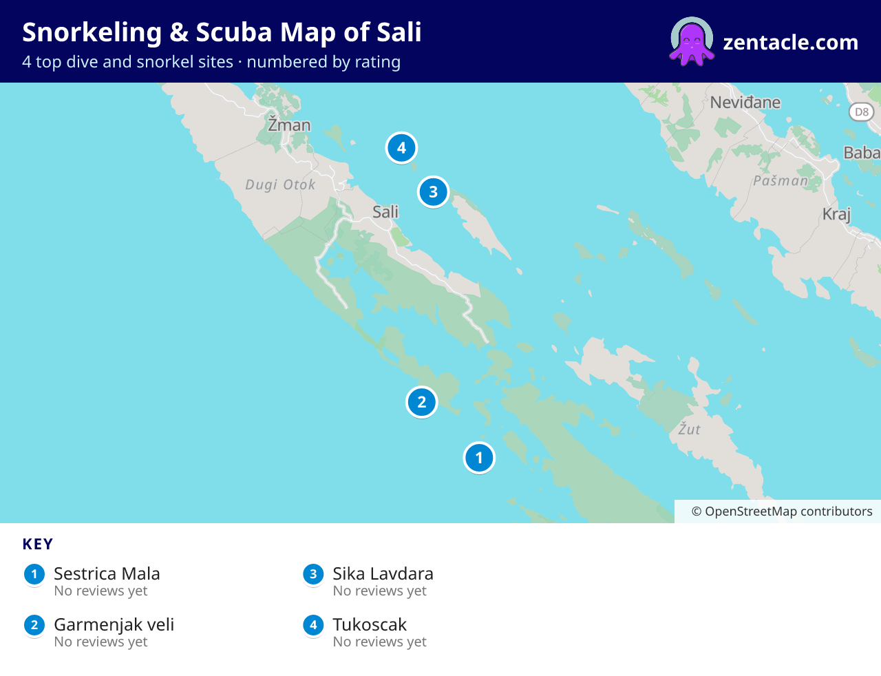 Snorkeling & Scuba Map of Sali: numbered map of the top 4 dive and snorkel sites, with ratings