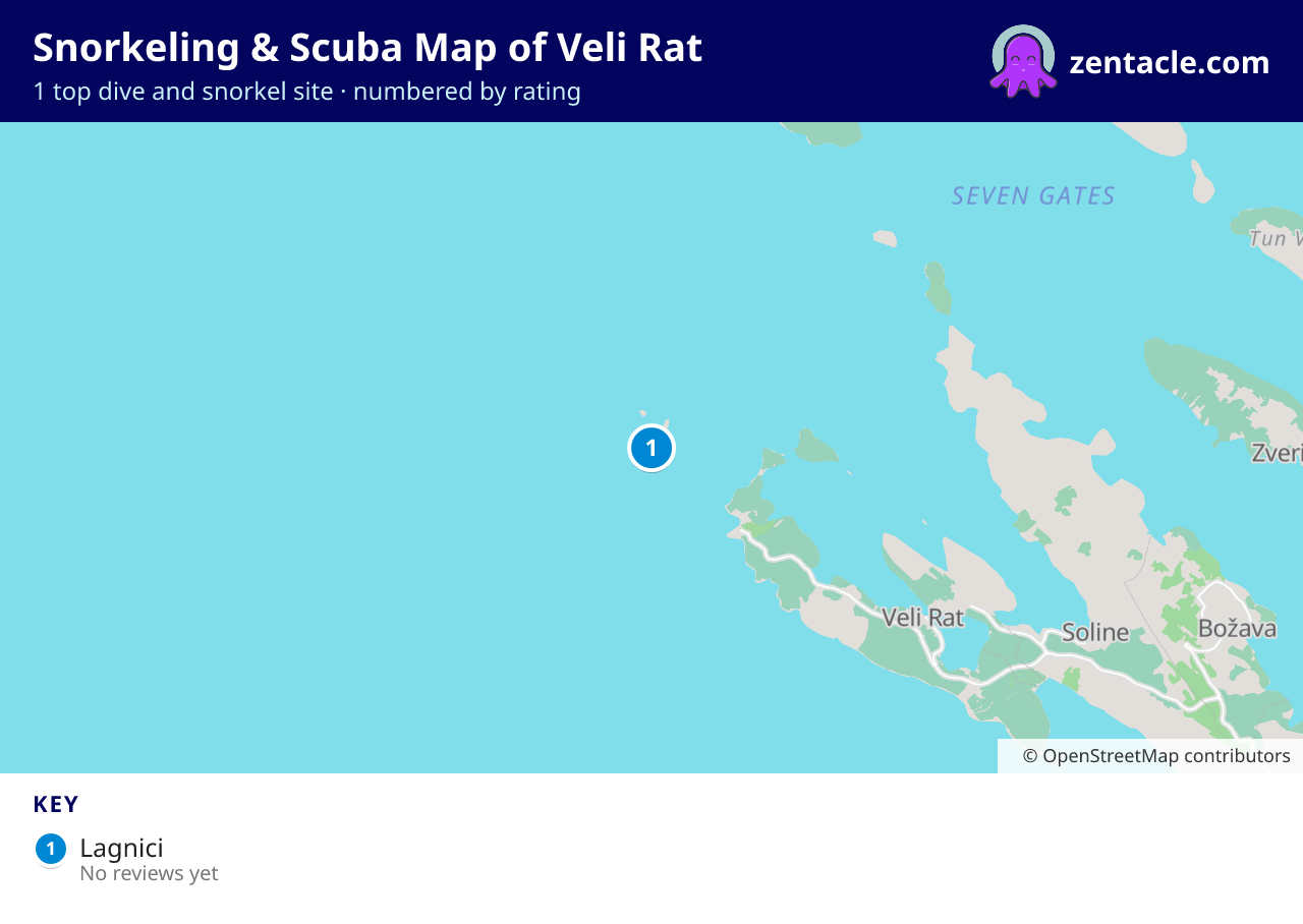 Snorkeling & Scuba Map of Veli Rat: numbered map of the top 1 dive and snorkel sites, with ratings