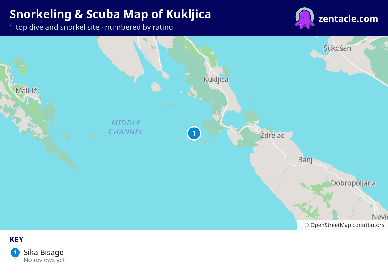Snorkeling & Scuba Map of Kukljica: numbered map of the top 1 dive and snorkel sites, with ratings