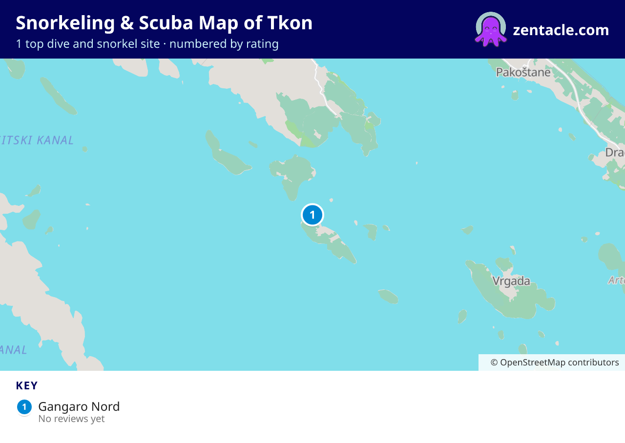 Snorkeling & Scuba Map of Tkon: numbered map of the top 1 dive and snorkel sites, with ratings